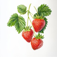Fresh strawberries with green leaves on a white isolated background.