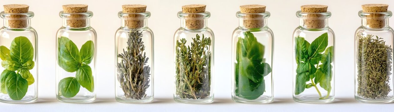 A row of glass jars filled with various dried herbs displayed on a white background, showcasing natural ingredients and organic cooking elements.