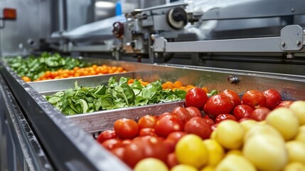 Fruit and vegetable processing equipment in a modern facility, washing, cutting, and packaging fresh produce for distribution