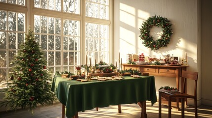 Christmas dining setup, green tablecloth, wooden console, tree, wreath, cookies, candle in candlestick, cozy holiday mood, clear windows with daylight