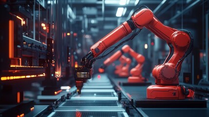 Fototapeta premium Industrial AI revolution with smart automation, where digital transformation drives manufacturing processes, optimizing efficiency and reducing downtime with intelligent robotics and data analytics