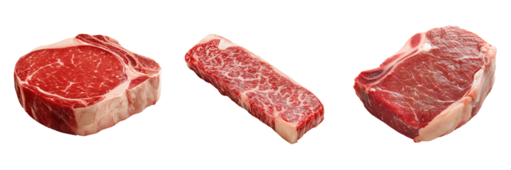 Selection of premium fresh beef cuts, showcasing marbling and color, perfect for gourmet cooking and barbecue enthusiasts. on transparent cutout, PNG file