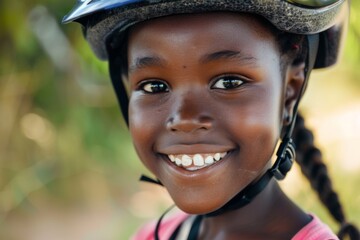 Fototapeta premium Portrait of a smiling girl with bicycle helmet