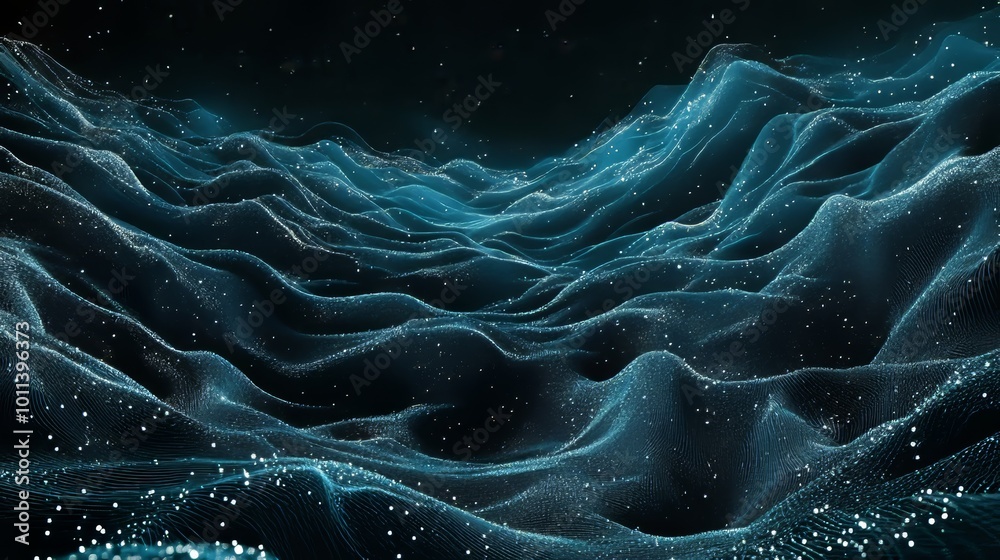Poster particle wave. futuristic hexagon illustration. blue hexagons on black background. digital landscape