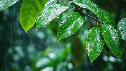 Close-up of raindrops on lush green leaves in a vibrant, natural setting.