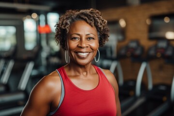 Fototapeta premium Smiling portrait of a slightly overweight African American woman in gym