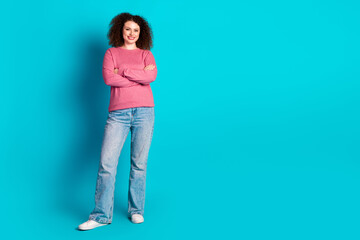 Full body portrait of nice young girl crossed arms empty space isolated on turquoise color background