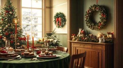 Obraz premium Festive holiday dining room, green tablecloth, wooden console, Christmas tree, wreath, cookies, candlelight, cozy decor, clear windows letting natural light in