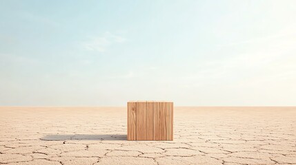 Fototapeta premium A wooden cube on cracked desert ground under a clear sky, symbolizing isolation and simplicity in a barren landscape.