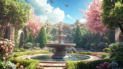 A lush Renaissance garden with a tranquil fountain, flowering trees, and sculpted hedges, delicate birds flying above, under a bright blue sky