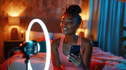 photograph of phone and black woman talking on video podcast in the bedroom of her house. Happy and excited girl or influencer speaking on the internet or social media with a mobile and ring light