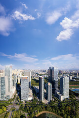 Fototapeta premium Modern Urban Skyline with Lush Green Space and Clear Blue Sky