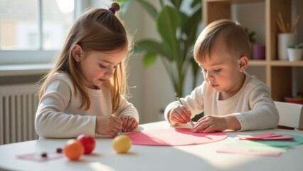 Fototapeta premium Children engaged in creative art activity using colored paper and supplies during a sunny afternoon indoors