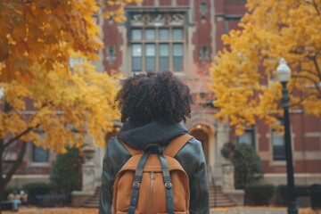 Back view of a black female student with backpack standing on college campus at fall
