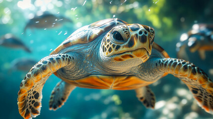 Obraz premium A close-up of a turtle's face as it looks directly at the camera, floating in the water