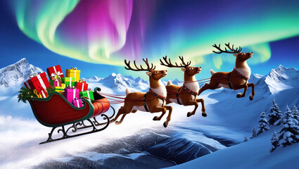 Fototapeta premium Santa’s Reindeer Flying Over Snow-Capped Mountains with Northern Lights and Magic Sleigh With Santa clause Generative AI