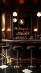 A luxurious art deco bar scene with sleek stools, dark marble counters, and ambient lighting, evoking the jazzfilled speakeasies of the 1930s