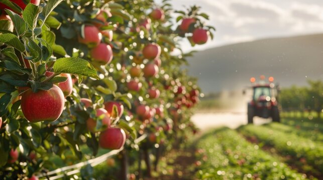 photograph of Spraying apple orchard to protect against disease and insects. Apple fruit tree spraying with a tractor and agricultural machinery