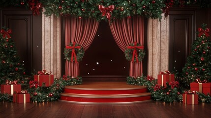 3D rendered podium with Christmas decorations and gift boxes on the floor 