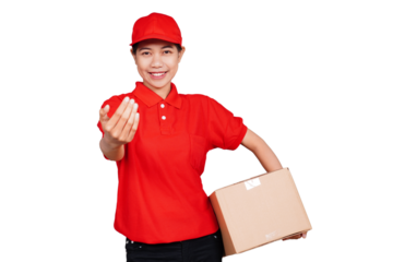 Smiling asian delivery courier woman holding boxed packages and showing beckoning hand gesture isolated transparent