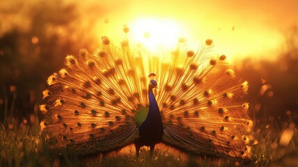 A peacock spreads its golden feathers in the soft light of a sunset, capturing the beauty and serenity of wildlife in a warm atmosphere.