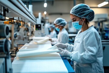 Obraz premium Workers in a modern factory producing medical-grade fabrics, such as bandages and gauze, with automated equipment ensuring consistency and quality across all products