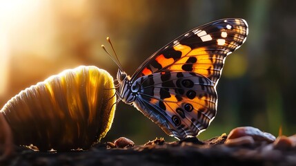 Obraz premium Close-up of a butterfly in a sunlit forest, showcasing vivid colors and intricate wing patterns. Nature's beauty at its finest.