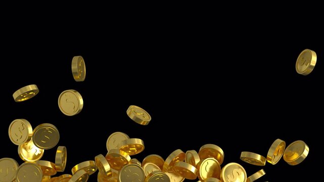 Golden coins falling against an alpha channel background