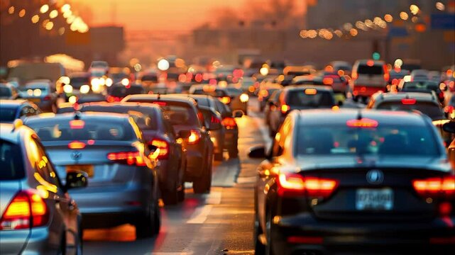 A busy highway scene during sunset, with numerous cars stuck in traffic and evening lights illuminating the surroundings.