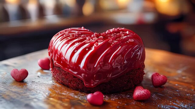 A heart-shaped cake with pink icing and decorations sits on a wooden table, representing love and a sweet celebration