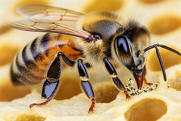 Naklejka premium Close-up of a honeybee on a honeycomb, highlighting its intricate details and natural beauty in a macro perspective.