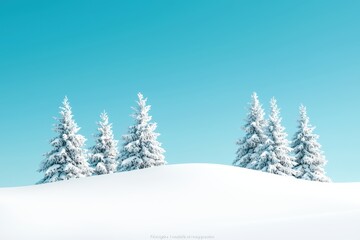 Fototapeta premium Snowy landscape with evergreen trees against a clear blue sky.