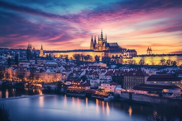 Fototapeta premium Vast cityscape blending Gothic cathedrals, floating islands, and vibrant auroras, enchanting twilight sky