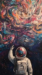 Vibrant brushstrokes depicting a rear view of an astronaut gazing into the cosmic expanse, colors swirling and blending beautifully