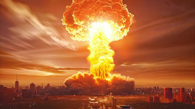 A large mushroom cloud from an explosion rises dramatically over a city skyline during a sunset.