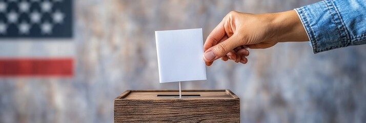 Womans Hand Casting Vote in a Wooden Ballot Box with an American Flag in the Background