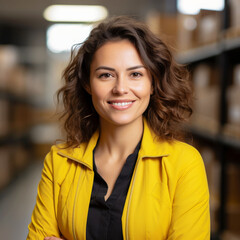 Fototapeta premium Smiling businesswoman in a yellow jacket at workplace environment