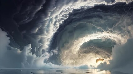 A dramatic and surreal landscape featuring swirling clouds and a glowing light, resembling a dynamic storm or portal.