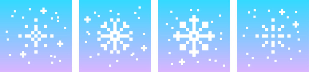 Minimalist winter season cards. Pixel snowflake in pixel art. Xmas elements. Mood of 90's aesthetics. Gradient. 8-bit retro style vector illustration. Simple geometric form. Christmas, New Year design