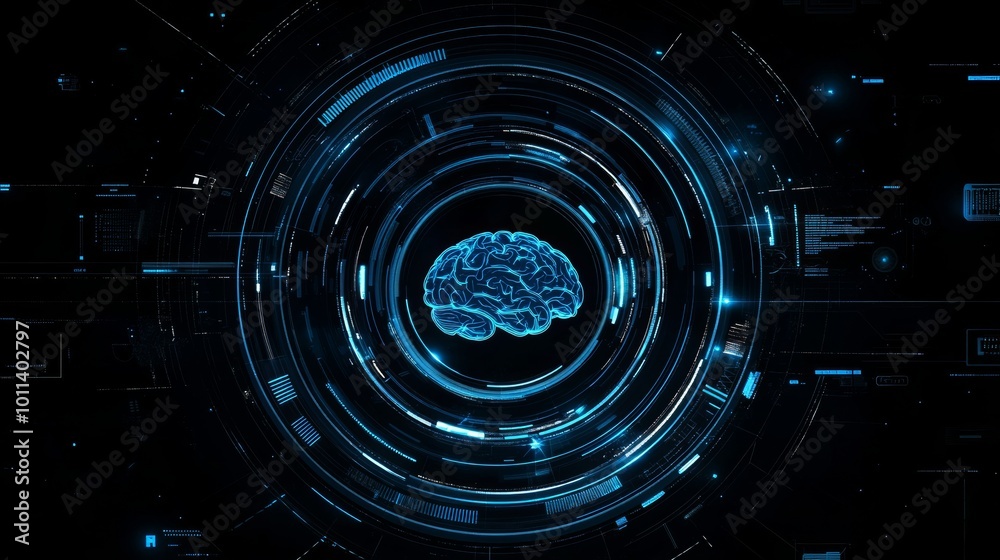 Poster a digital brain logo with an abstract background and a rotational head-up display interface.