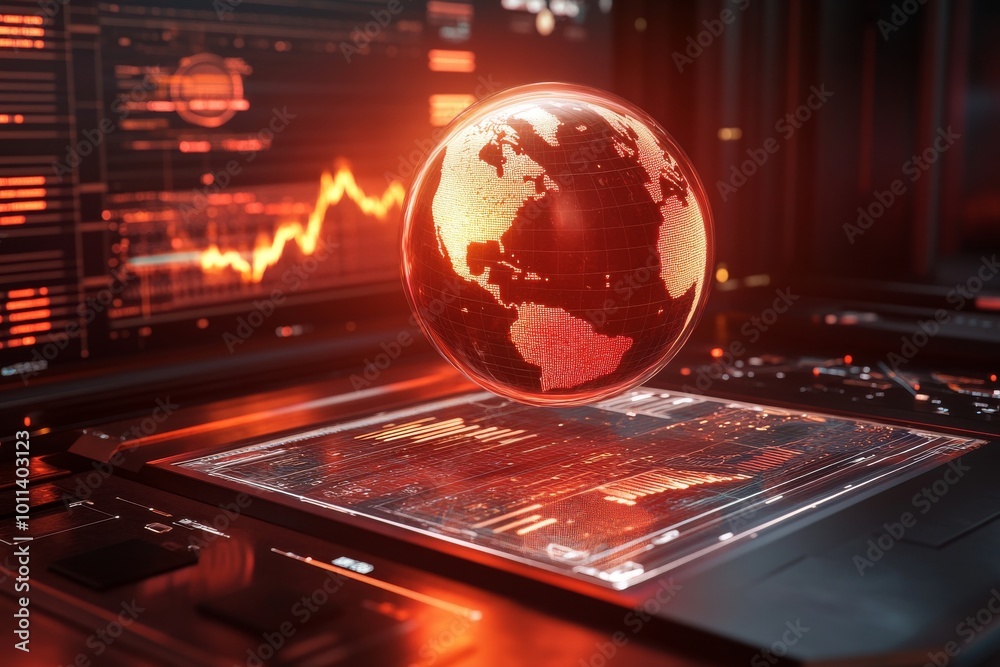 Poster 3d rendering of global statistics data concept with screen texture of digital interface and world ma