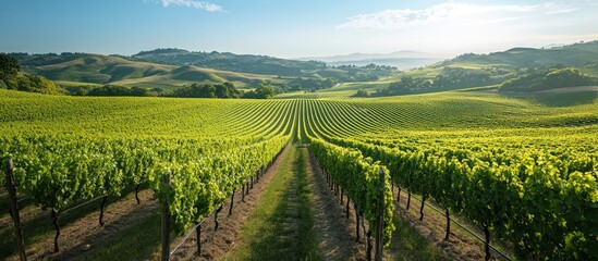 Fototapeta premium Lush vineyard rows leading to rolling hills under a blue sky.