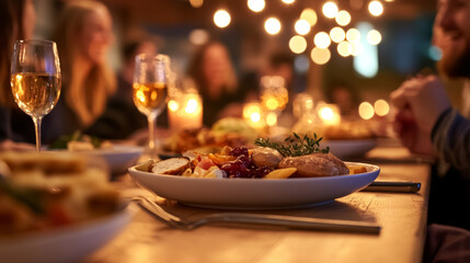 Fototapeta premium People of different faiths enjoy a diverse meal together, sharing laughter and conversation in a cozy setting