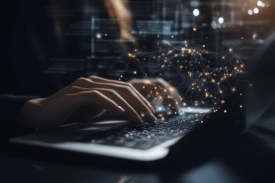 A hologram of a computer keyboard, hands typing and a woman viewing a finance chart, a financial database or a future dashboard. Foreign exchange investment, data analysis hud, and night trader
