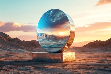 Futuristic mirrored sculpture reflecting desert landscape at sunset, blending art and nature with surreal beauty.