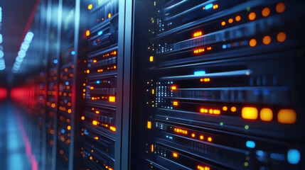Fototapeta premium A close-up of data storage servers in a data center, showcasing solid-state drives and efficient cooling systems for optimal performance