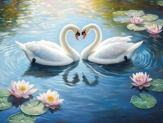 A pair of swans forming a heart shape with their necks on a calm pond
