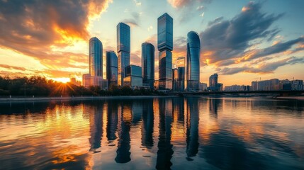 Fototapeta premium A beautiful sunset over a cityscape with skyscrapers reflecting in the water.