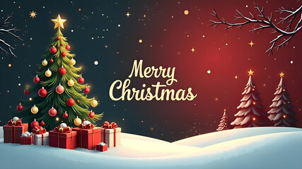 Christmas tree on the street in the snow, under the tree there are red boxes with gifts, the inscription Merry Christmas