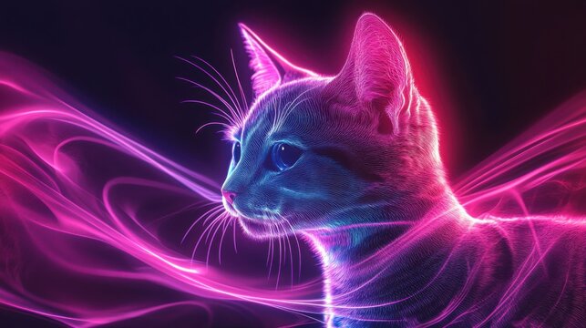 Abstract representation of Schrodinger's cat experiment, with neon quantum states represented by overlapping wave functions--ideal for quantum physics lessons.